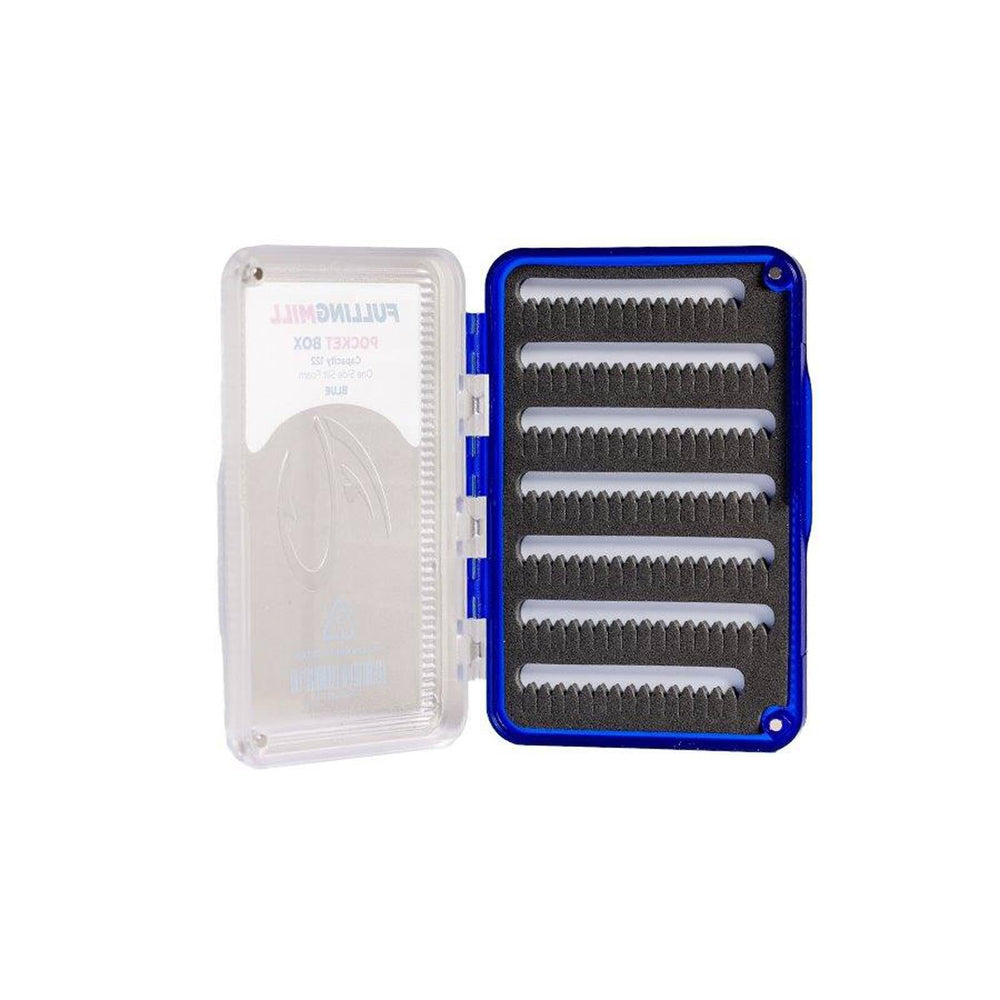 Fulling Mill Pocket Box Blue lid open reveals 4mm slit foam for flies.