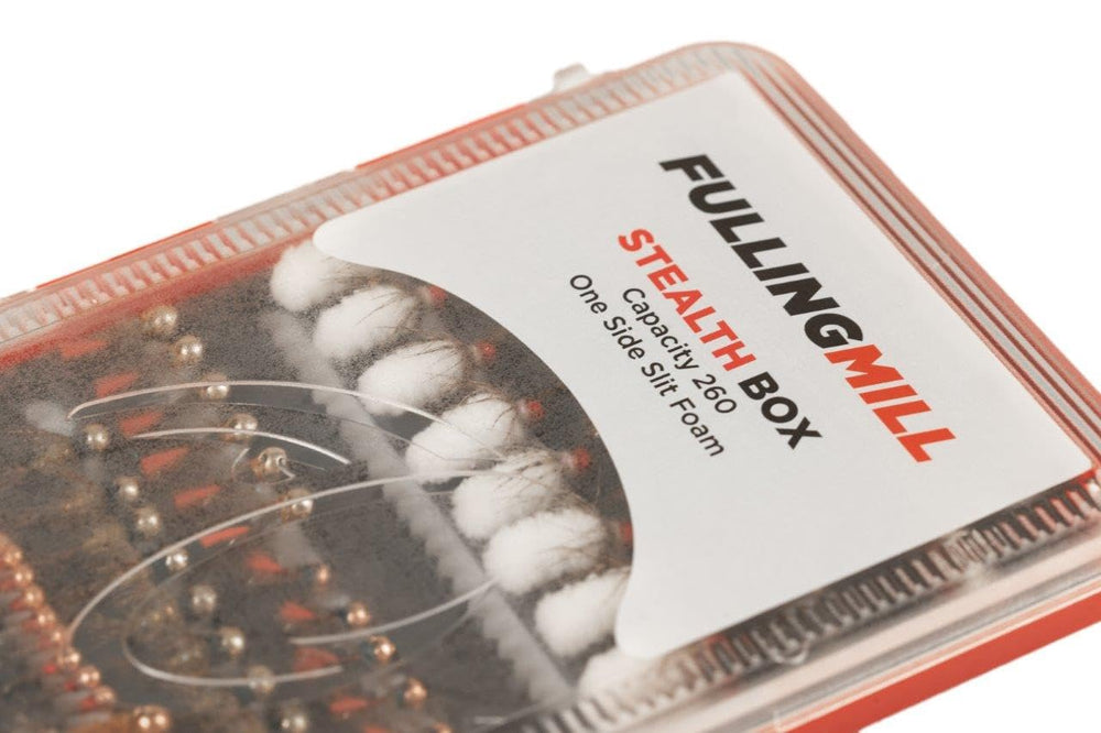 Fulling Mill Stealth Fly Box close-up of compact dimensions for pocket use.