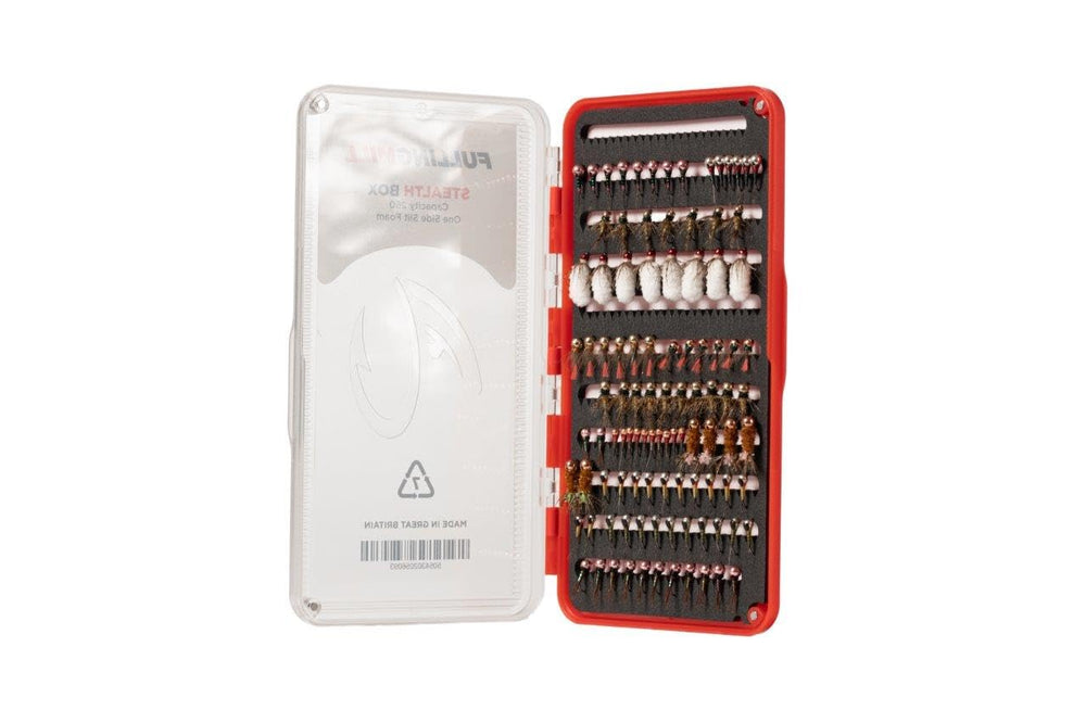 Fulling Mill Stealth Fly Box with frosted lid showing compact travel-friendly design.