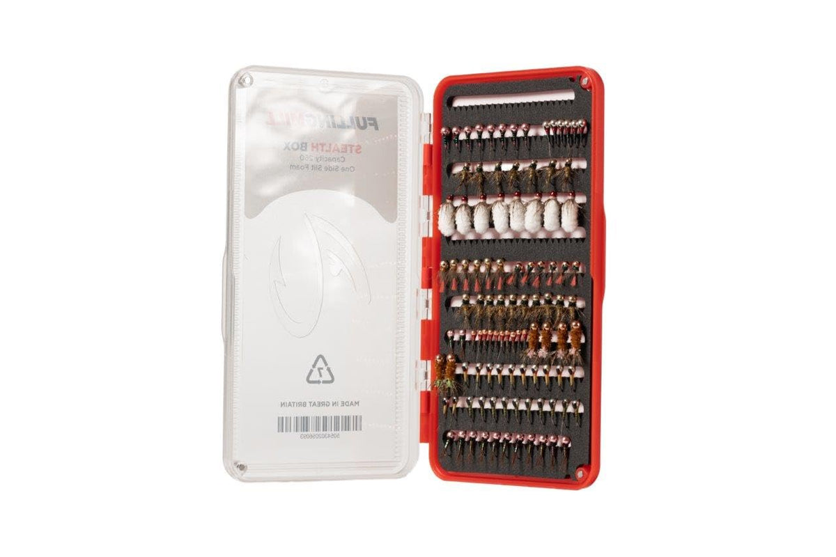 Fulling Mill Stealth Fly Box with frosted lid showing compact travel-friendly design.
