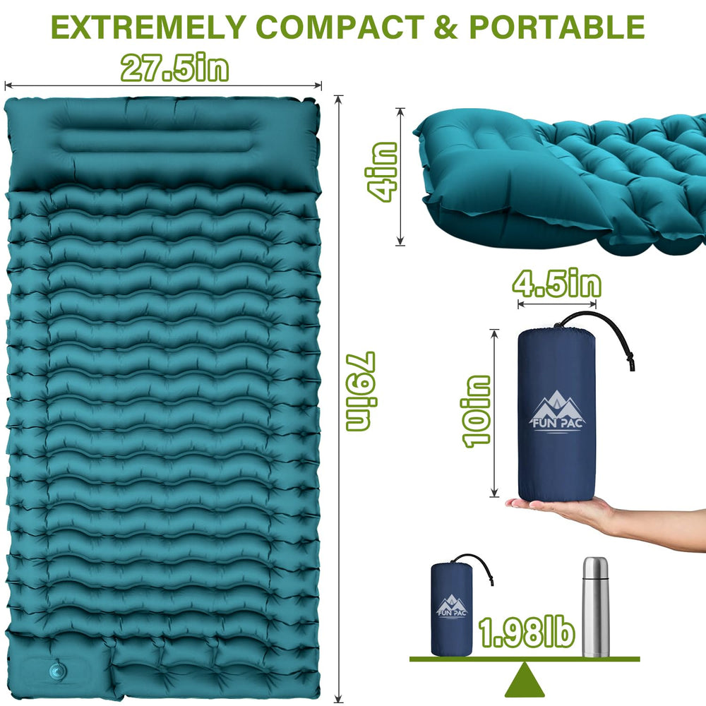 Fun Pac camping sleeping pad with built-in pillow for neck support