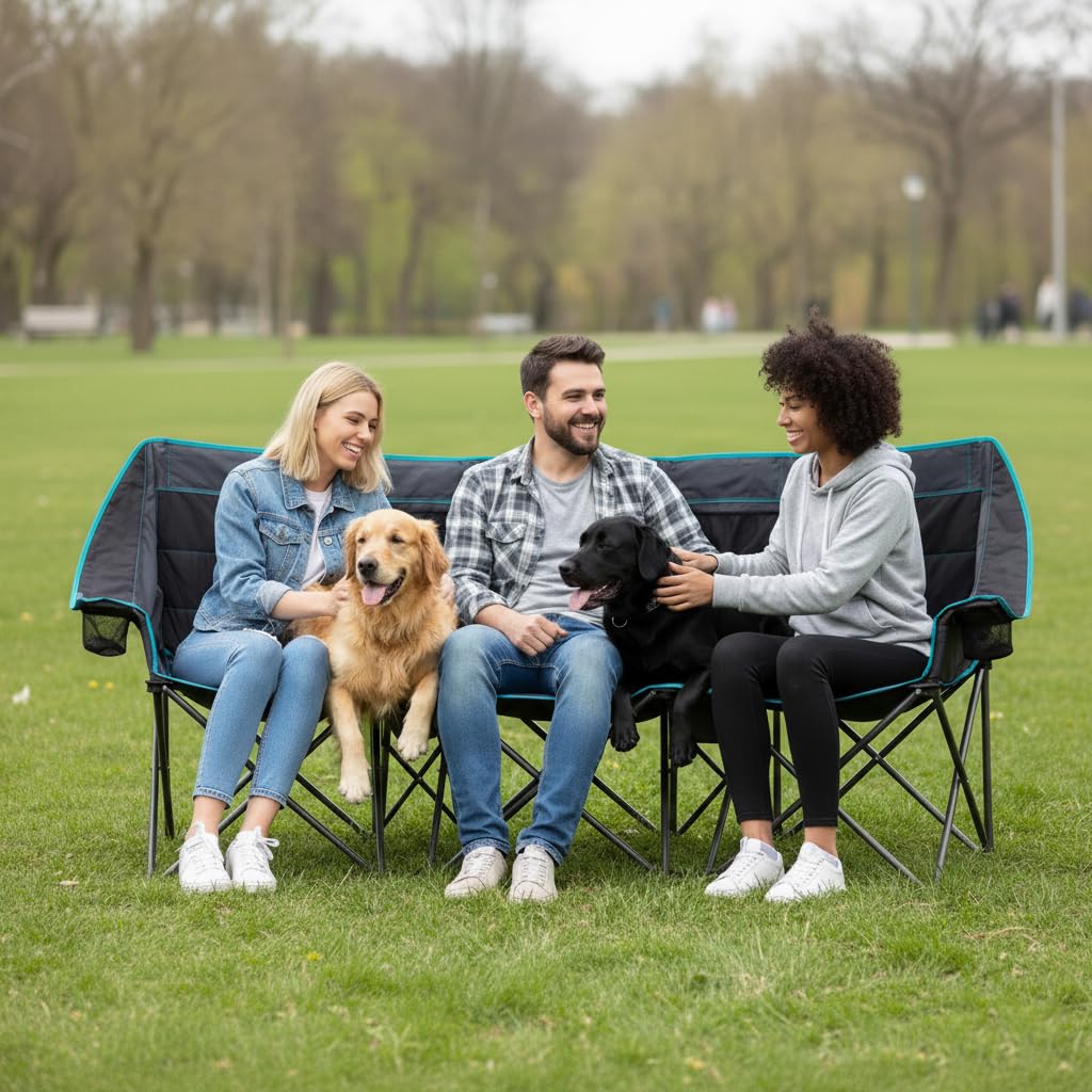 FUNDANGO extra-wide 3-person chair built-in cooler demonstrates convenient drink chilling between seats