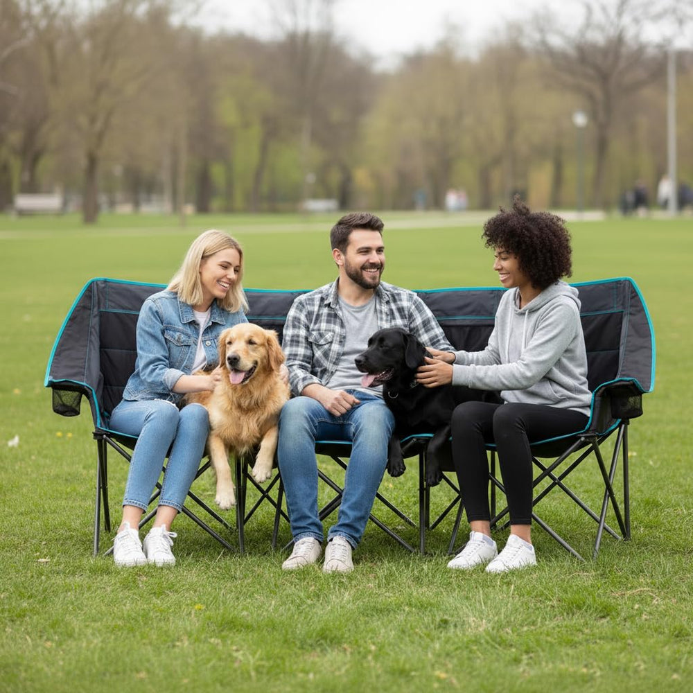 FUNDANGO extra-wide 3-person chair built-in cooler demonstrates convenient drink chilling between seats
