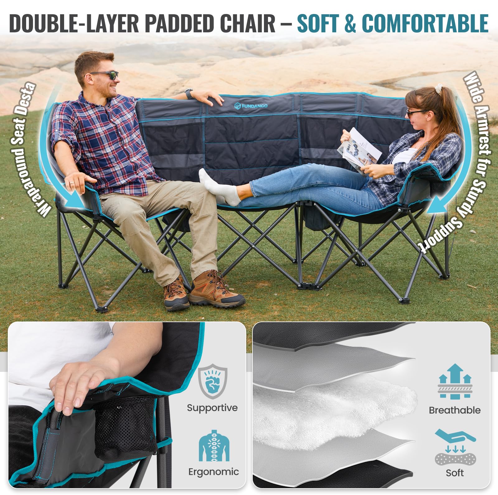 FUNDANGO extra-wide 3-person chair folds into a compact carry bag for easy transport
