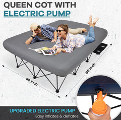 FUNDANGO Queen Cot fast-inflation pump enables quick campsite readiness.
