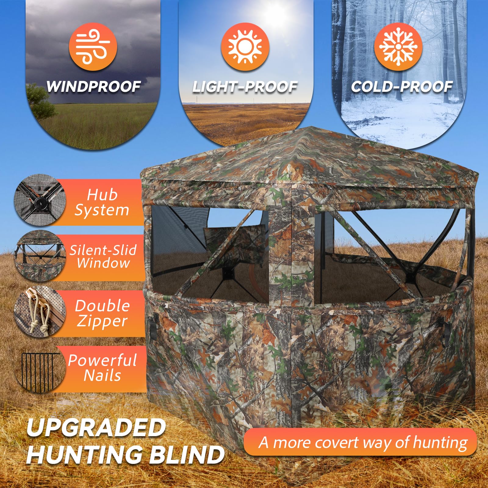 FUNHORUN hunting blind pop-up setup enables quick, hassle-free assembly in the field.