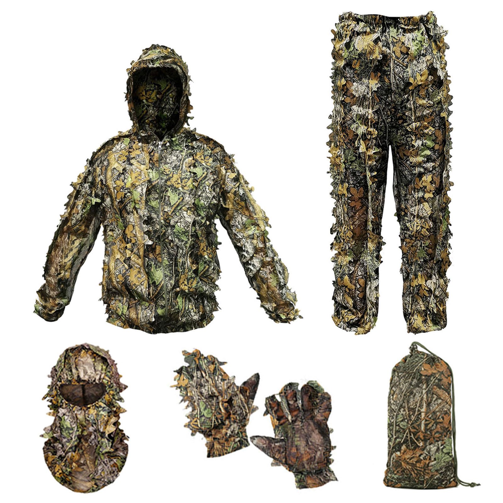 Funkoiteer ghillie suit 3D leaf camouflage hooded jacket blended with dense foliage for woodland concealment.