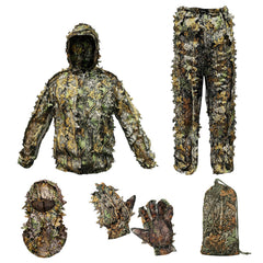 Funkoiteer ghillie suit 3D leaf camouflage hooded jacket blended with dense foliage for woodland concealment.