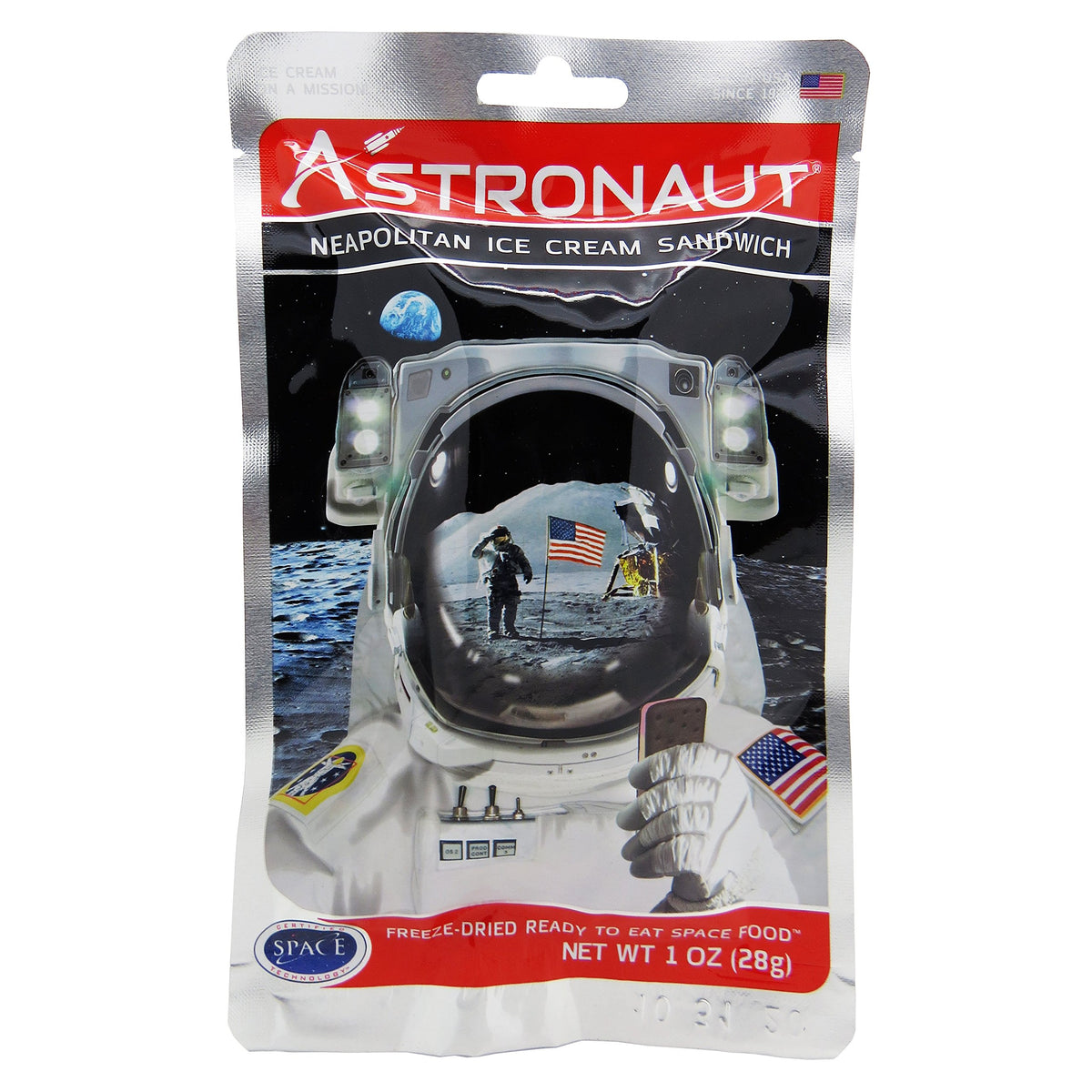 Funkyfoodshop astronaut freeze-dried Neapolitan ice cream pouch ready-to-eat snack.