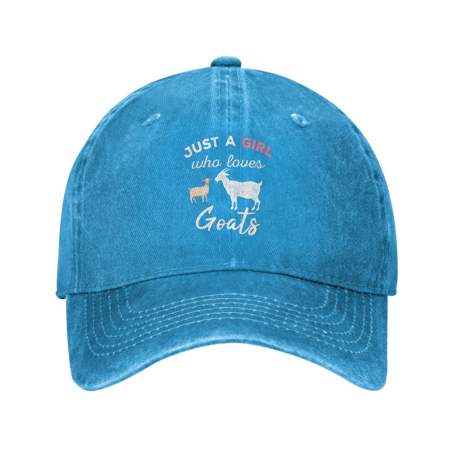 Blue adjustable dad hat with Just A Girl Who Loves Goats design, front view