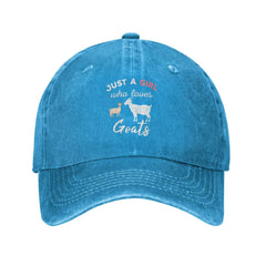 Blue adjustable dad hat with Just A Girl Who Loves Goats design, front view