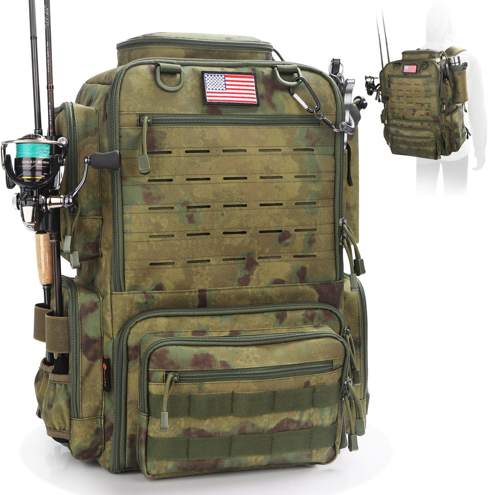 FunVZU fishing backpack in forest green camo shows spacious tackle storage.
