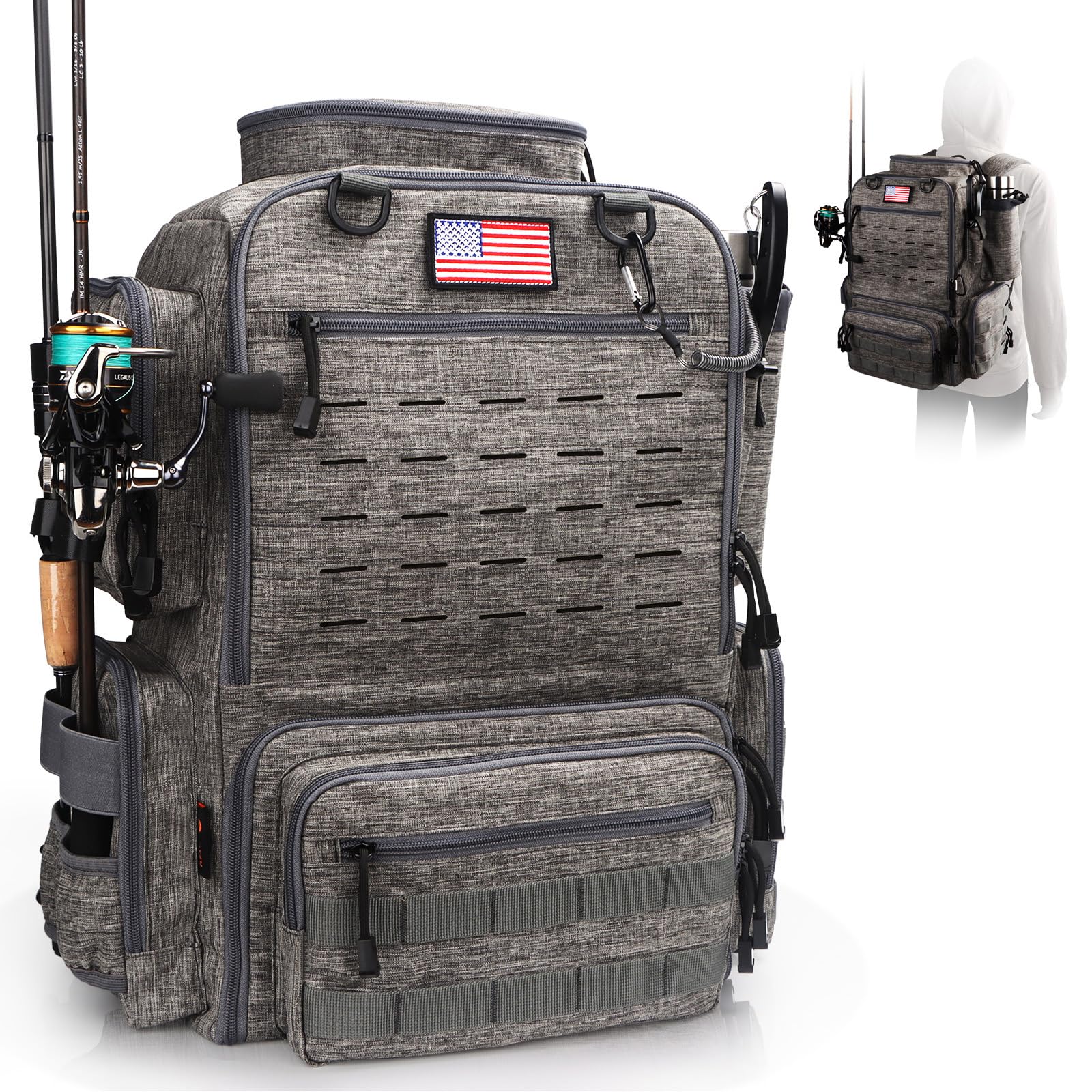 FunVZU fishing backpack front view shows roomy storage and easy access.