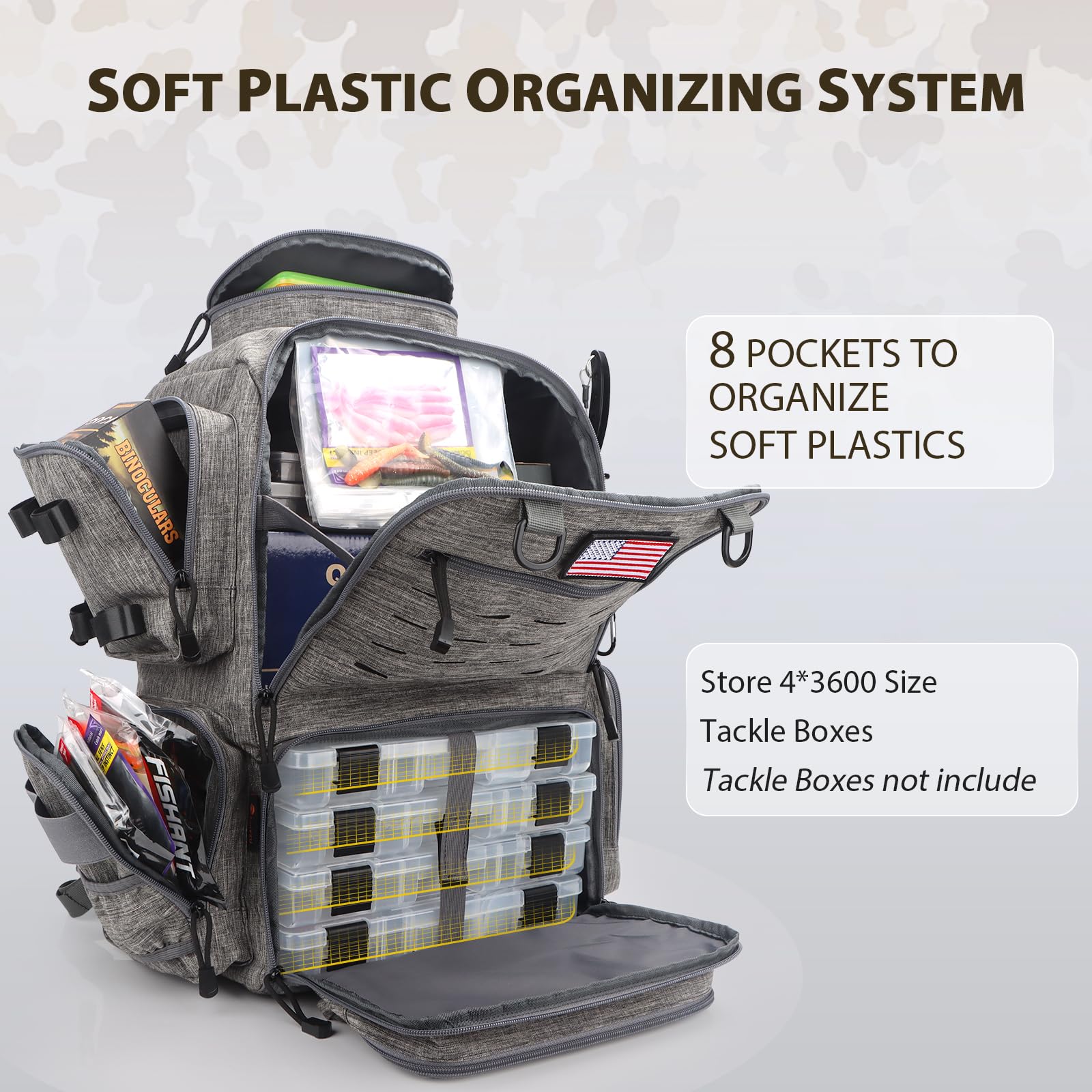 FunVZU fishing backpack interior compartment with adjustable space for gear.