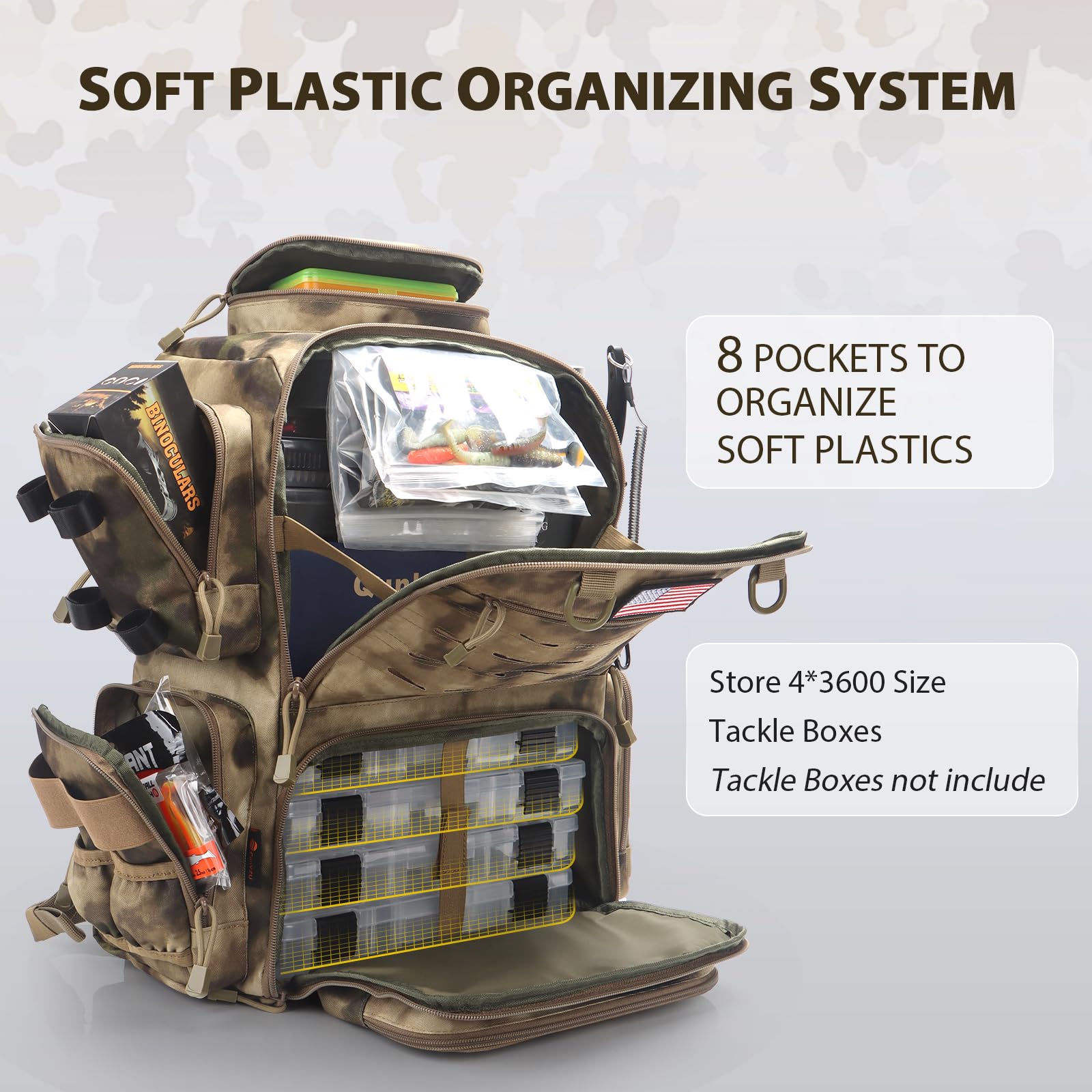 FunVZU Fishing Backpack MOLLE straps offer expandable organization for accessories and gear.