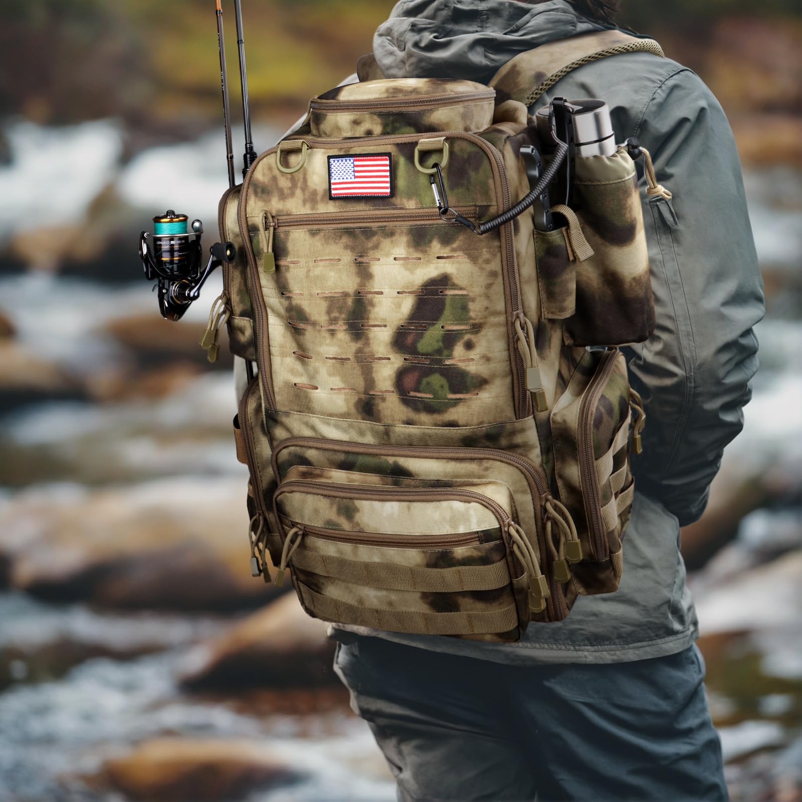 FunVZU Fishing Backpack rod holder secures your rod for hands-free transport between spots.