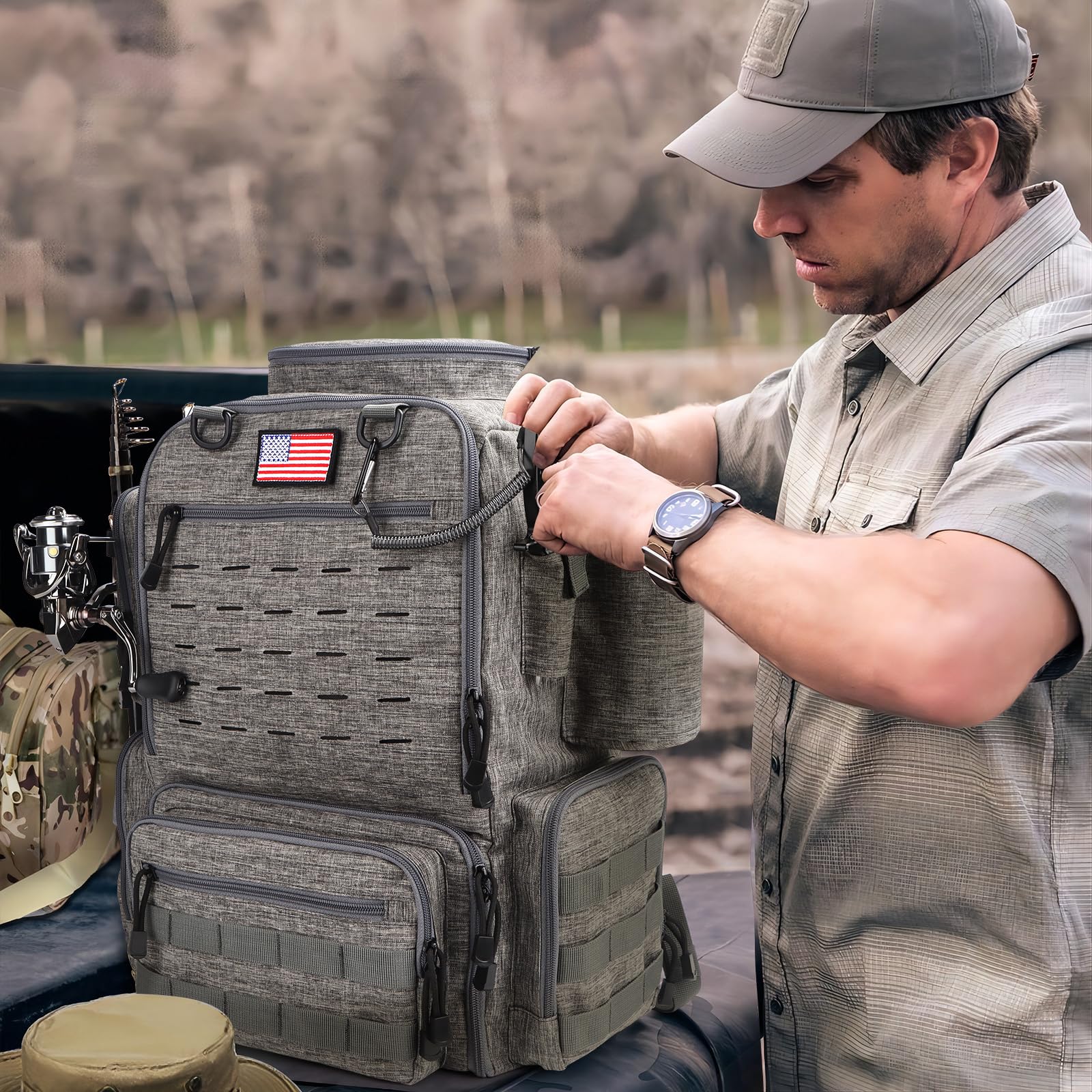 FunVZU fishing backpack side pockets for quick gear retrieval.