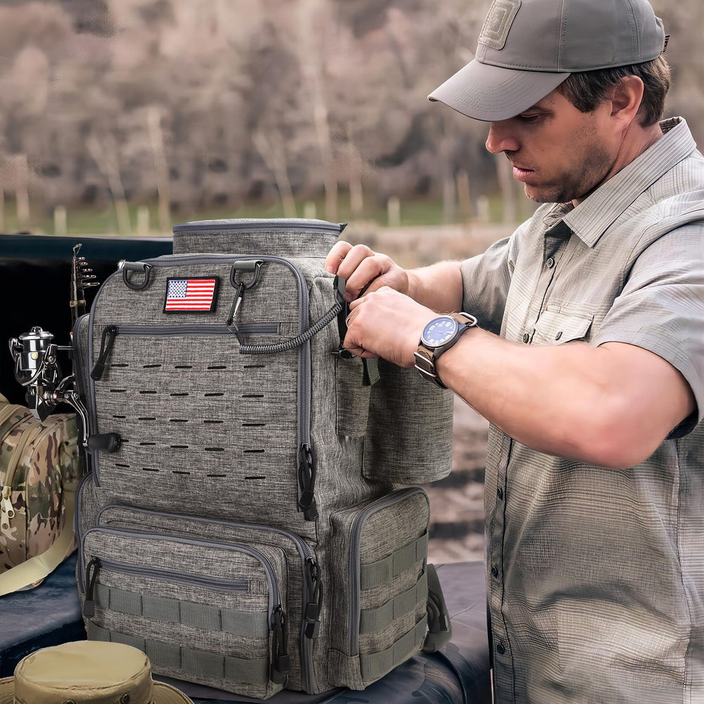 FunVZU fishing backpack side pockets for quick gear retrieval.