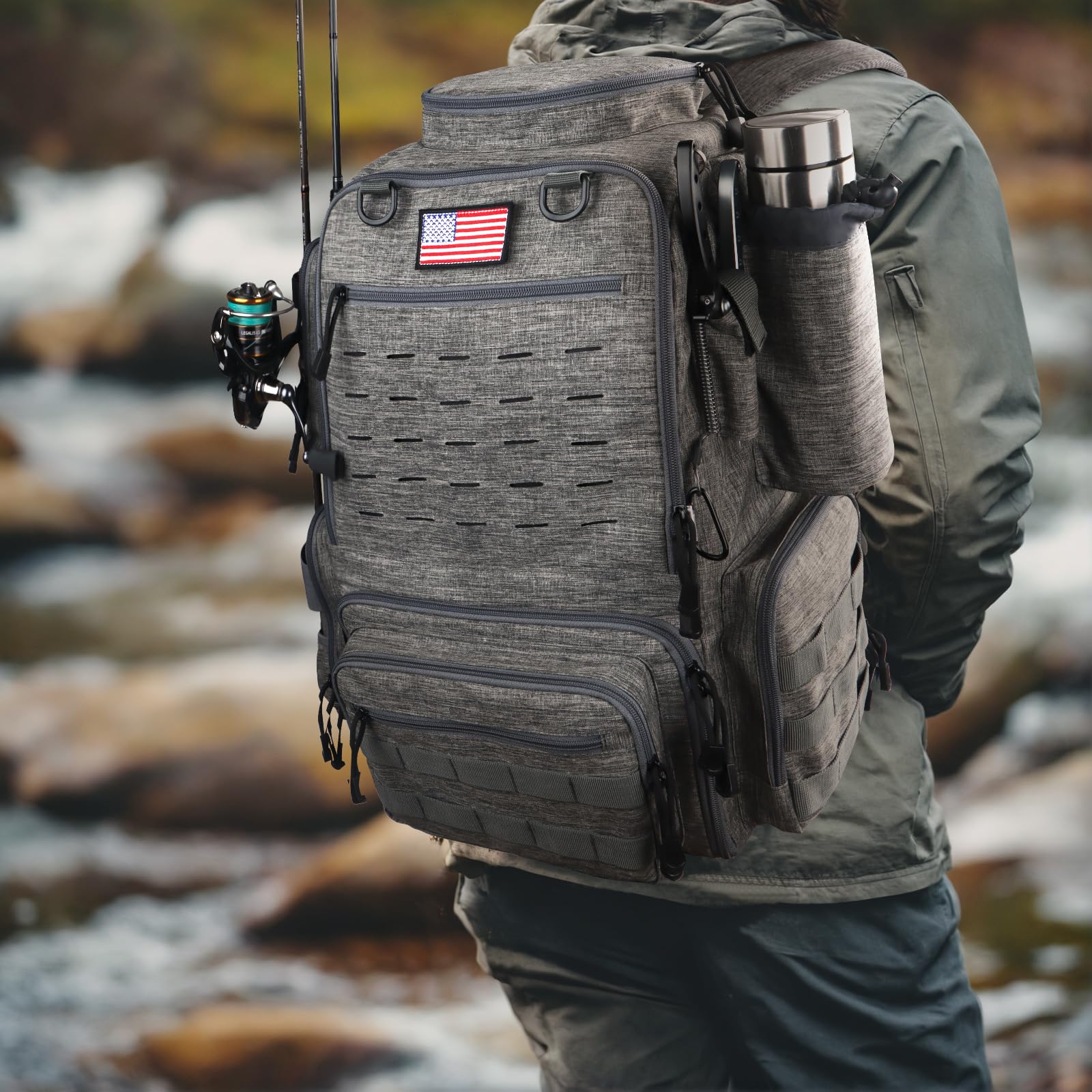 FunVZU fishing backpack in storm gray color ready for outdoor use.