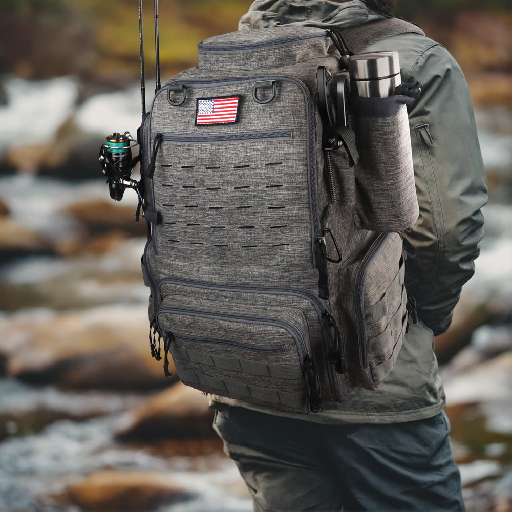 FunVZU fishing backpack in storm gray color ready for outdoor use.