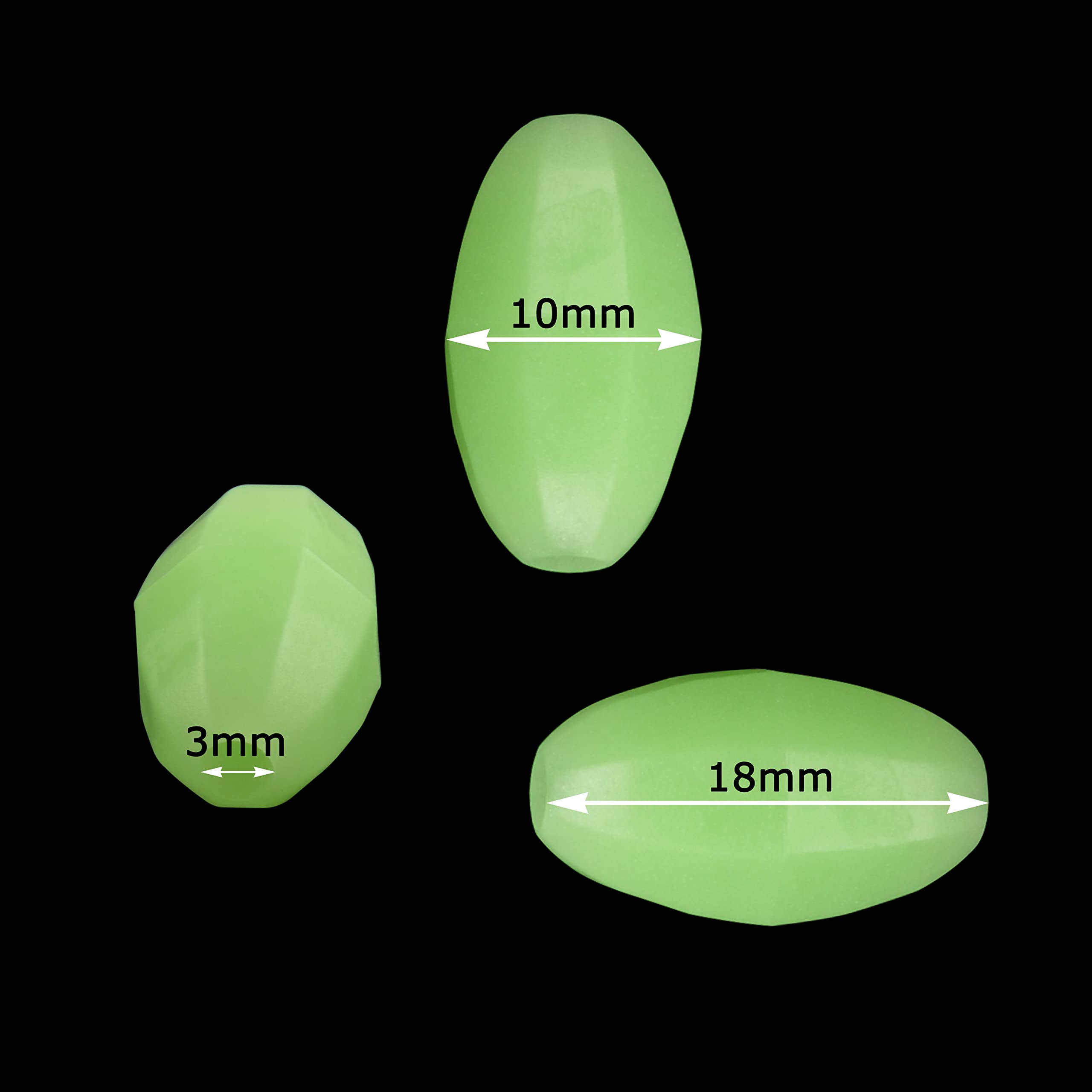 Glow-in-the-dark green oval beads illuminated in water