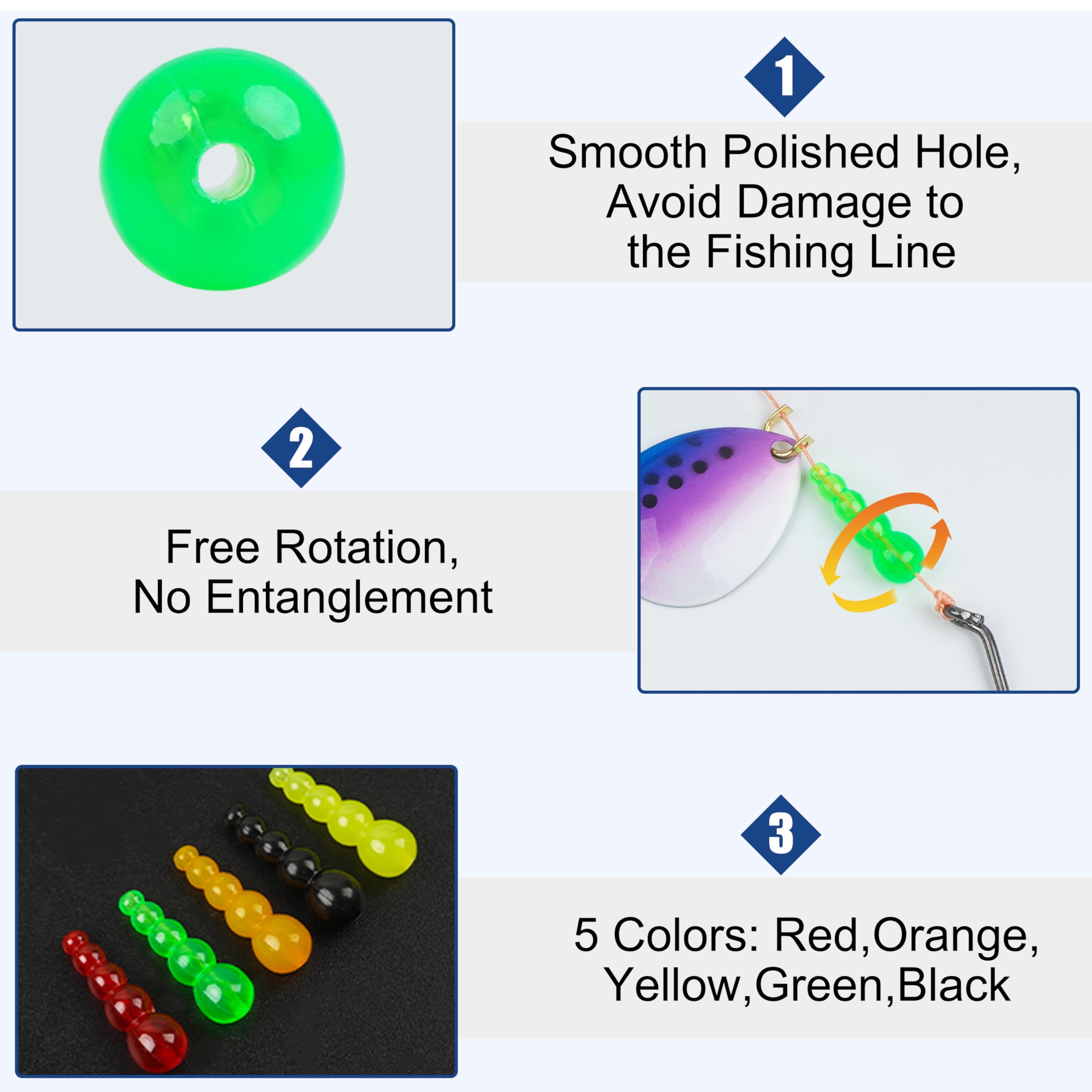 Beads threaded on fishing line showing easy placement