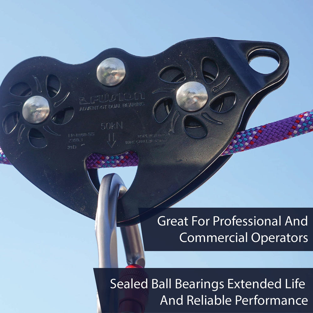 Fusion Climb Advent dual attachment point view illustrating primary and backup options for redundancy.