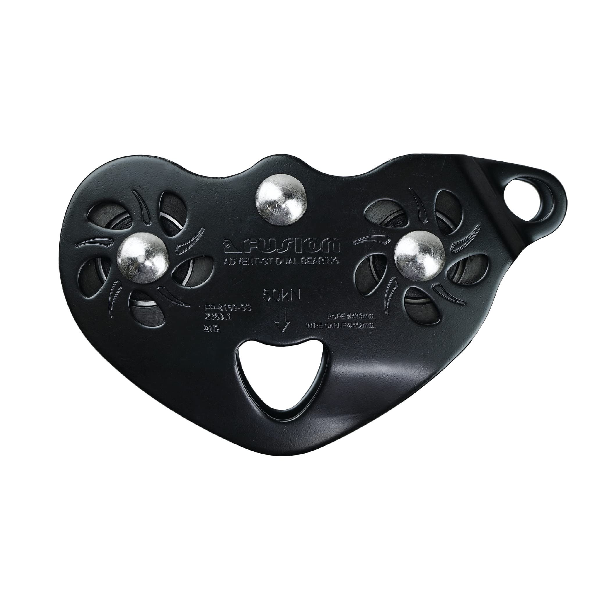 Fusion Climb Advent trolley pulley front view highlighting durable stainless steel build for tough rigs.