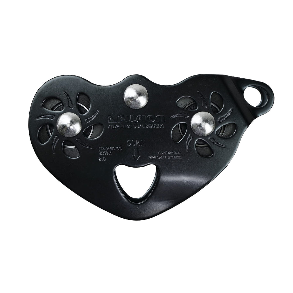 Fusion Climb Advent trolley pulley front view highlighting durable stainless steel build for tough rigs.