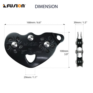 Fusion Climb Advent trolley pulley side view showing compact profile for space limited installations.