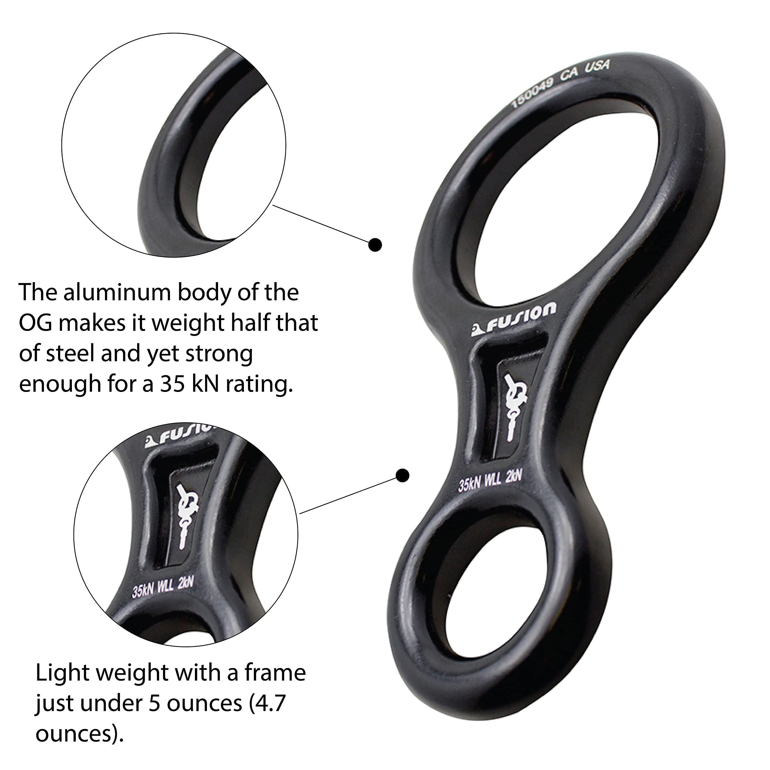 Fusion Climb aluminum 7075 descender emphasizes rugged construction for reliability