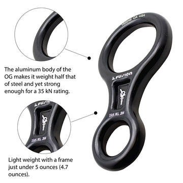 Fusion Climb aluminum 7075 descender emphasizes rugged construction for reliability