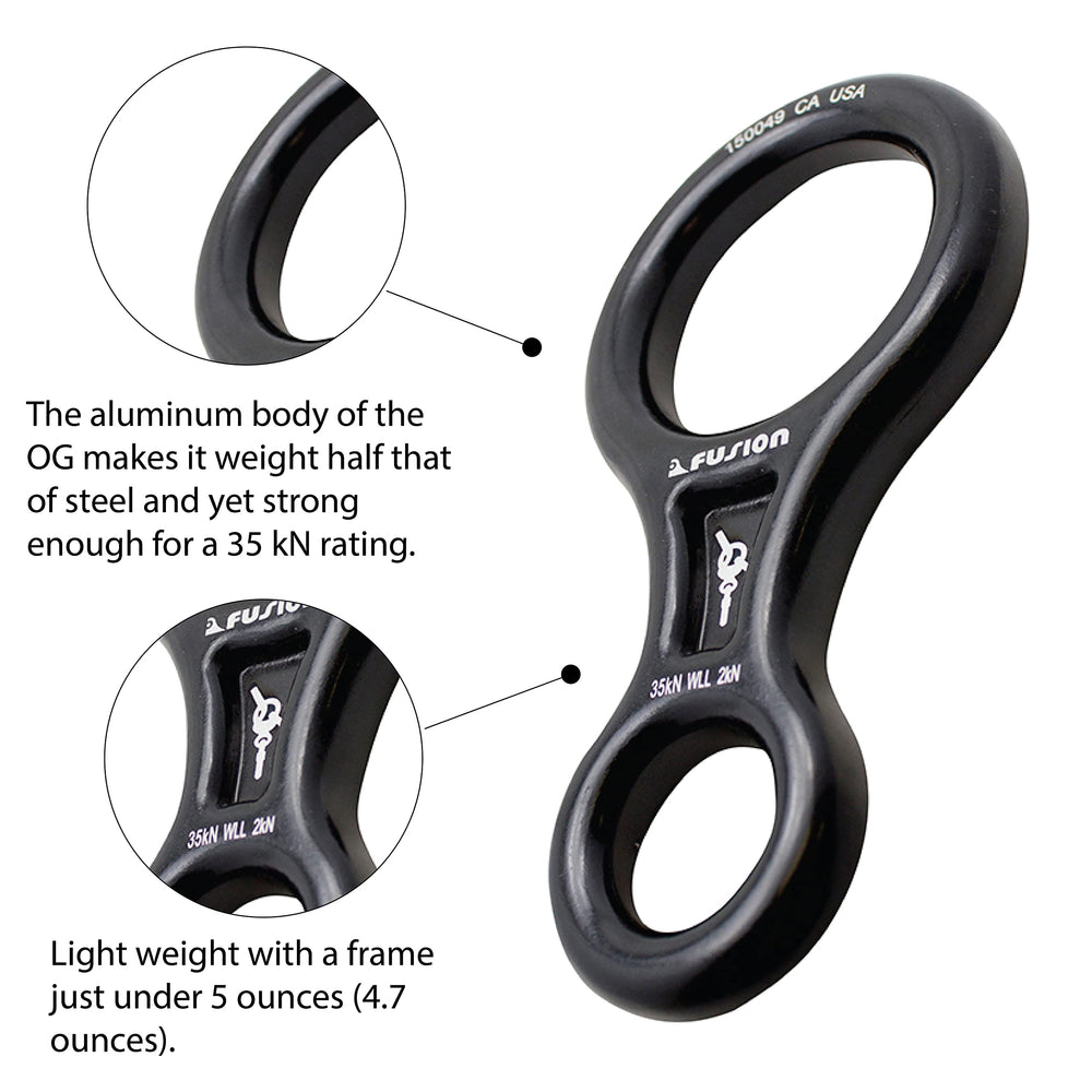Fusion Climb aluminum 7075 descender emphasizes rugged construction for reliability