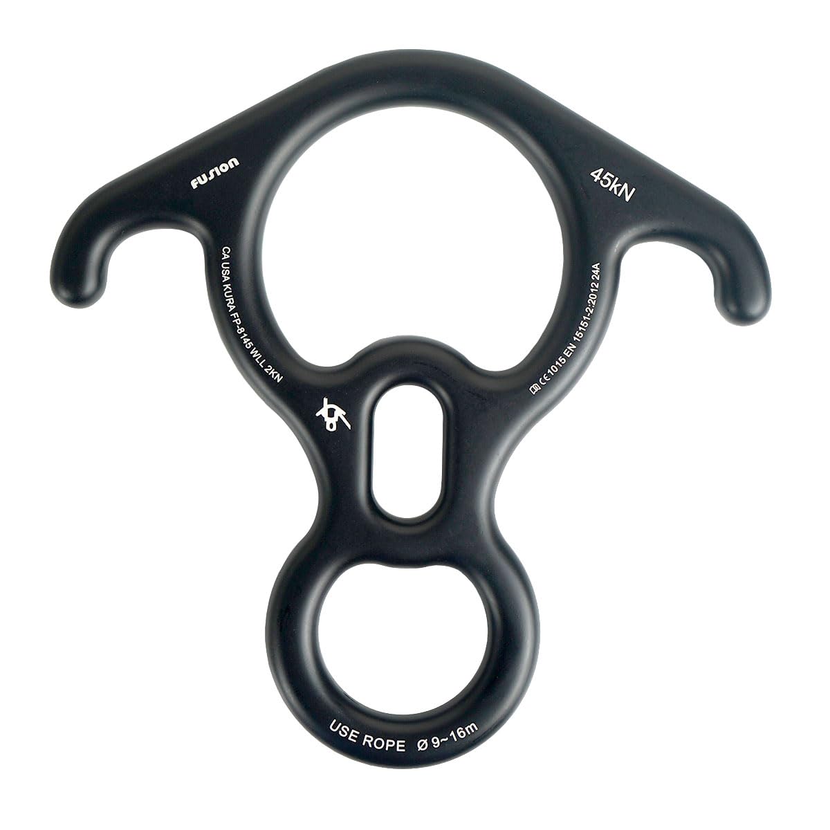 Fusion Climb FP-8145-BLK front view shows a sturdy descender for smooth rope control.