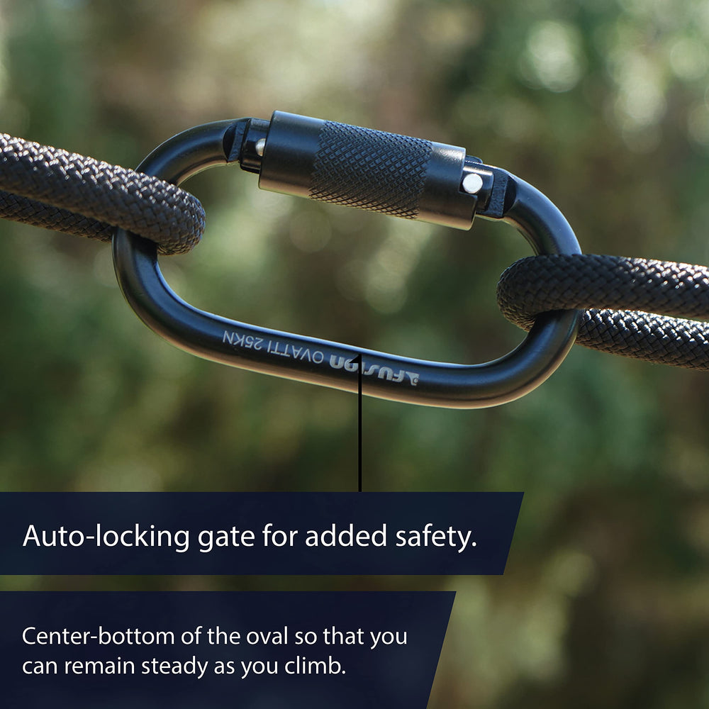 Rock climbing setup with Fusion Climb carabiner attached to rope