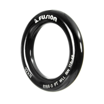 Close-up of Fusion Climb orange-black aluminum O-ring showing forged finish.