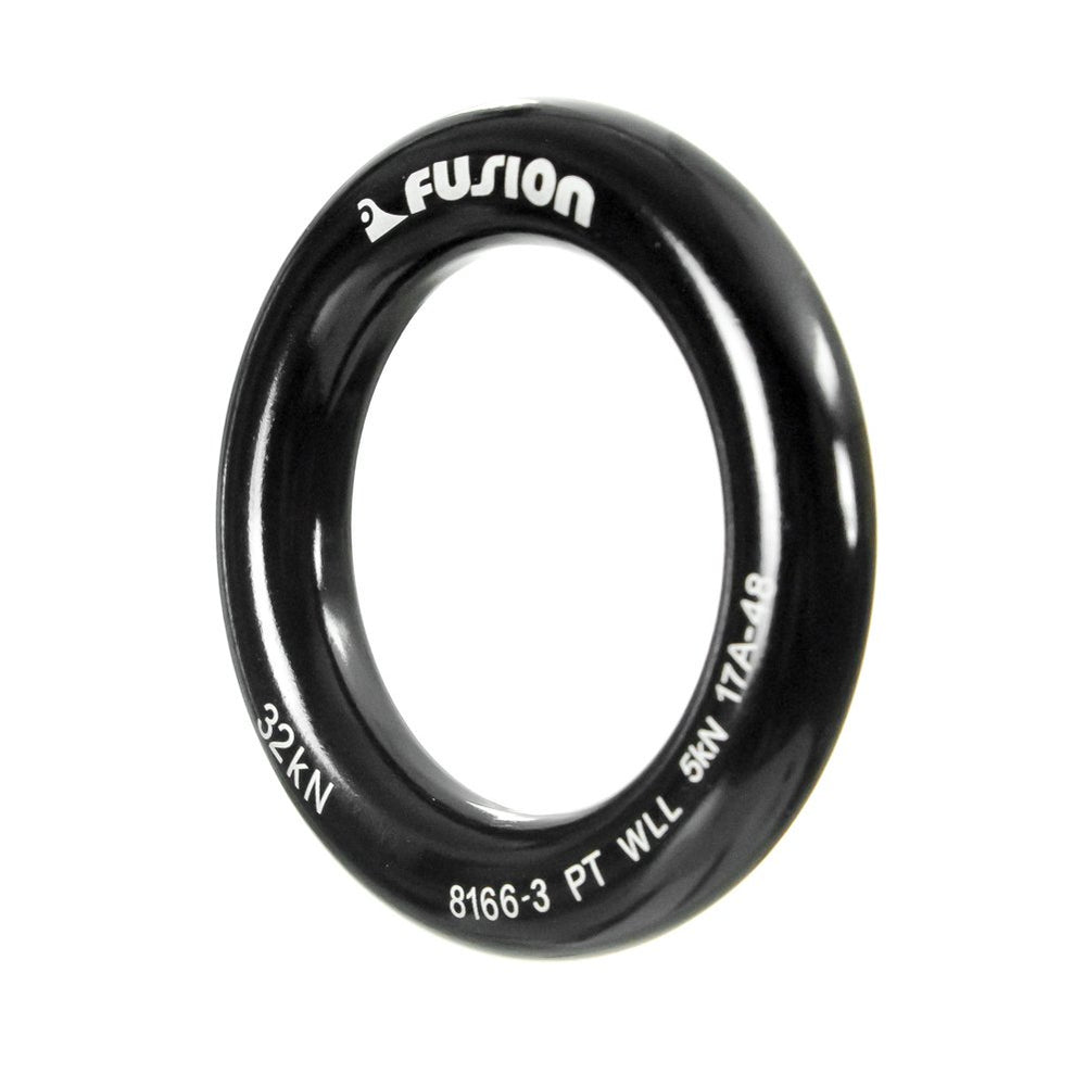 Close-up of Fusion Climb orange-black aluminum O-ring showing forged finish.
