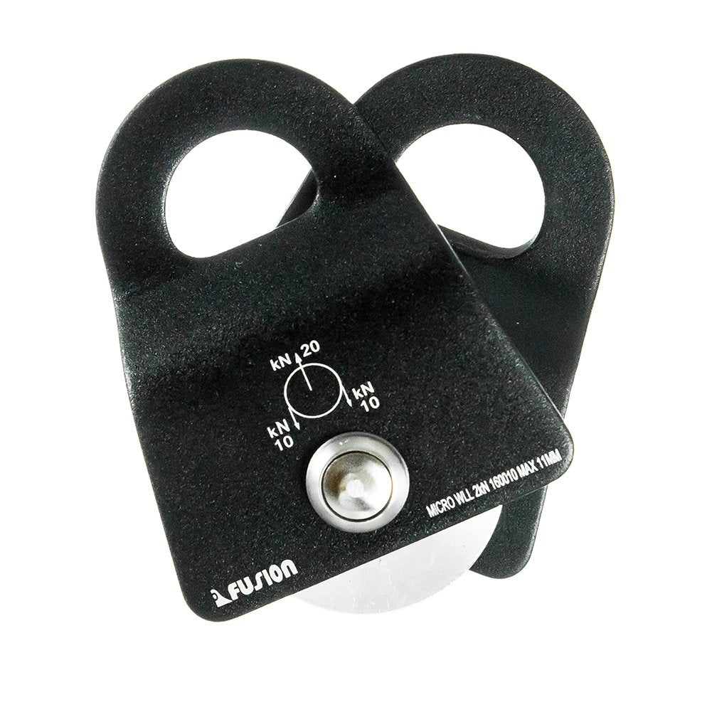 Fusion Climb Ekat Micro side-swing pulley 20kN MBS label visible emphasizes high-strength performance
