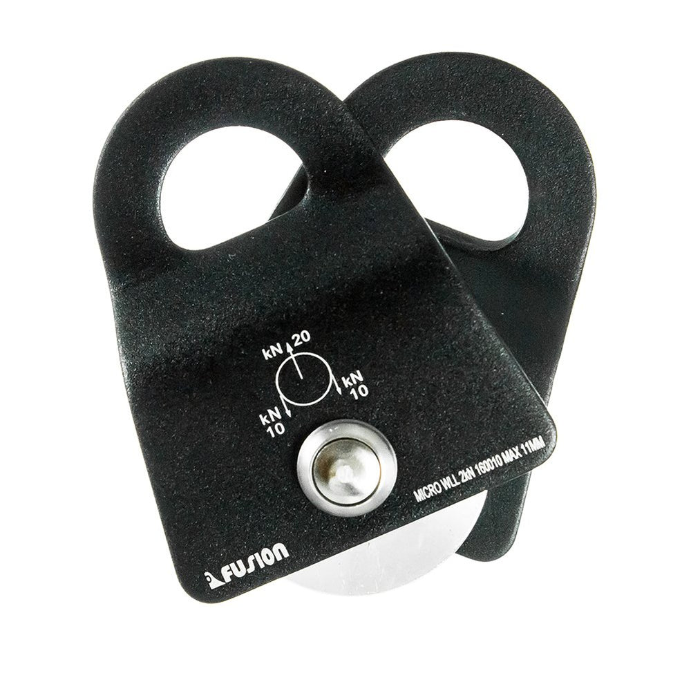 Fusion Climb Ekat Micro side-swing pulley 20kN MBS label visible emphasizes high-strength performance