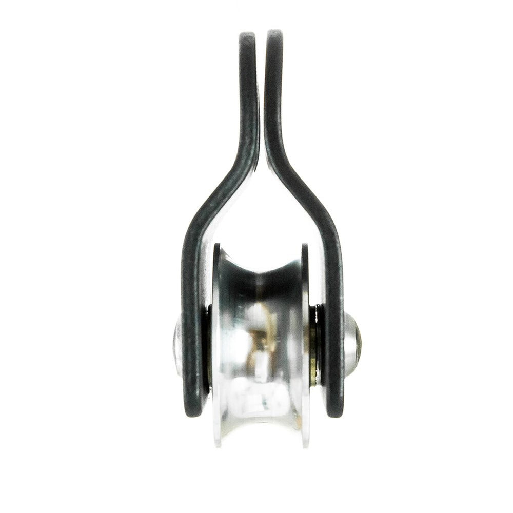 Fusion Climb Ekat Micro side-swing pulley close-up shows sturdy aluminum cheeks for secure rope work