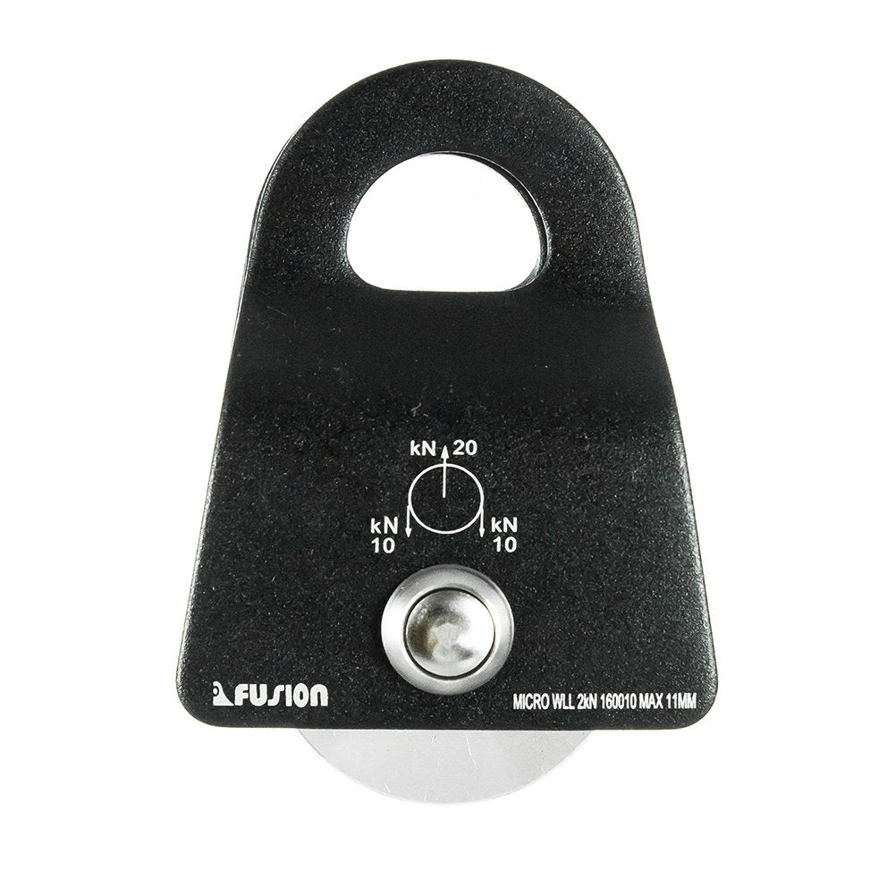 Fusion Climb Ekat Micro side-swing pulley front view shows snag-free operation for lightweight rescue