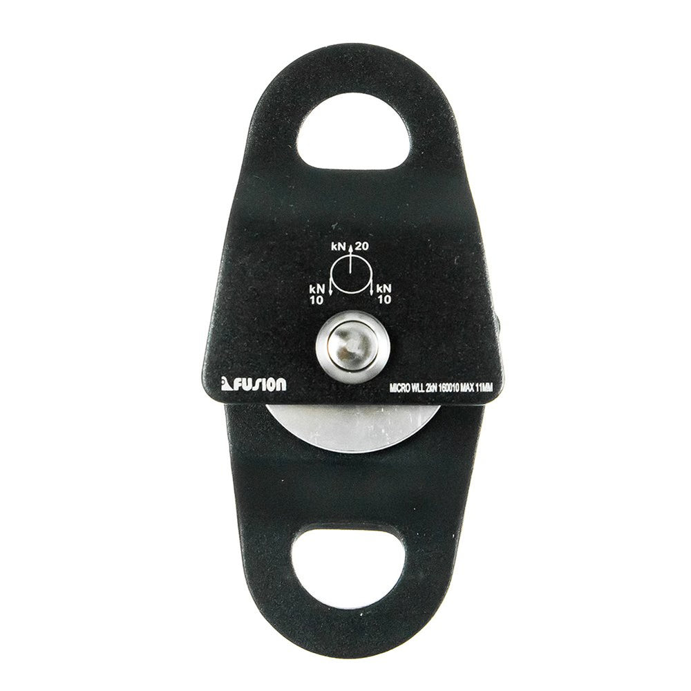 Fusion Climb Ekat Micro side-swing pulley matte-black finish demonstrates durability in rugged environments
