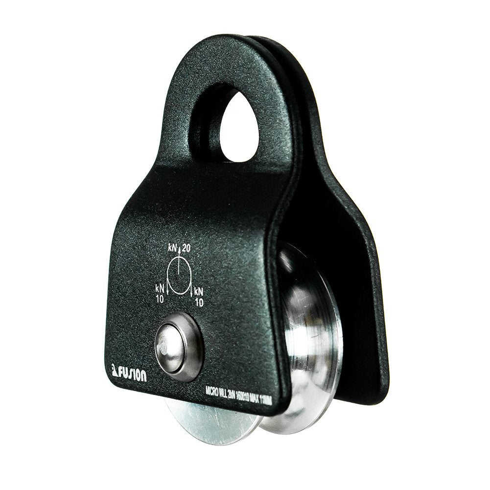 Fusion Climb Ekat Micro side-swing pulley side view highlights compact portable design for field rigging