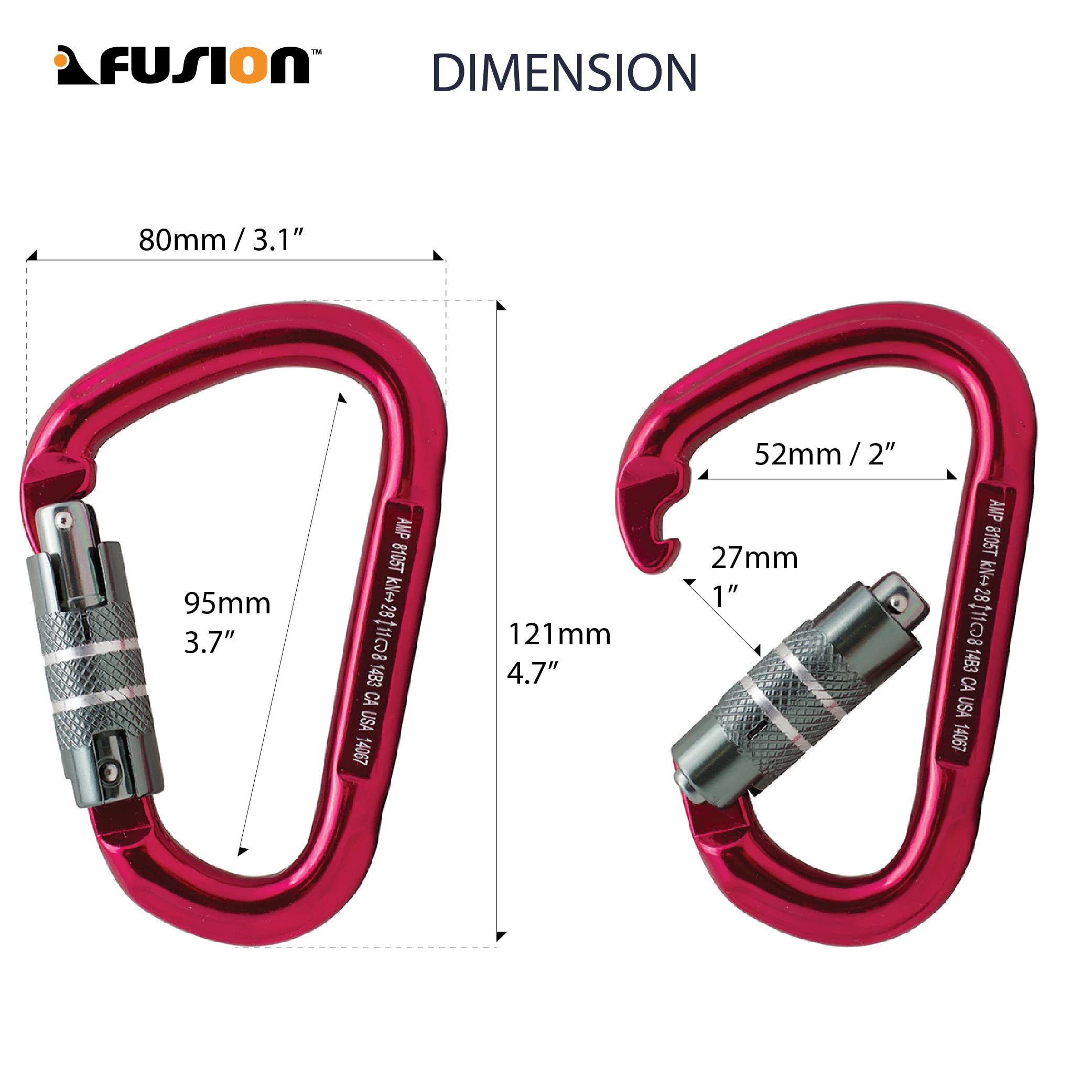Fusion Climb Eureka triple-action auto-lock gate for one-handed operation.
