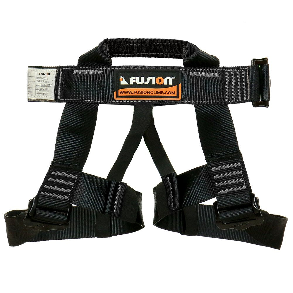 Fusion Climb harness detail shows 5,000 lb rating and sturdy buckle