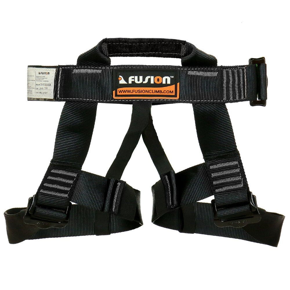 Fusion Climb harness detail shows 5,000 lb rating and sturdy buckle