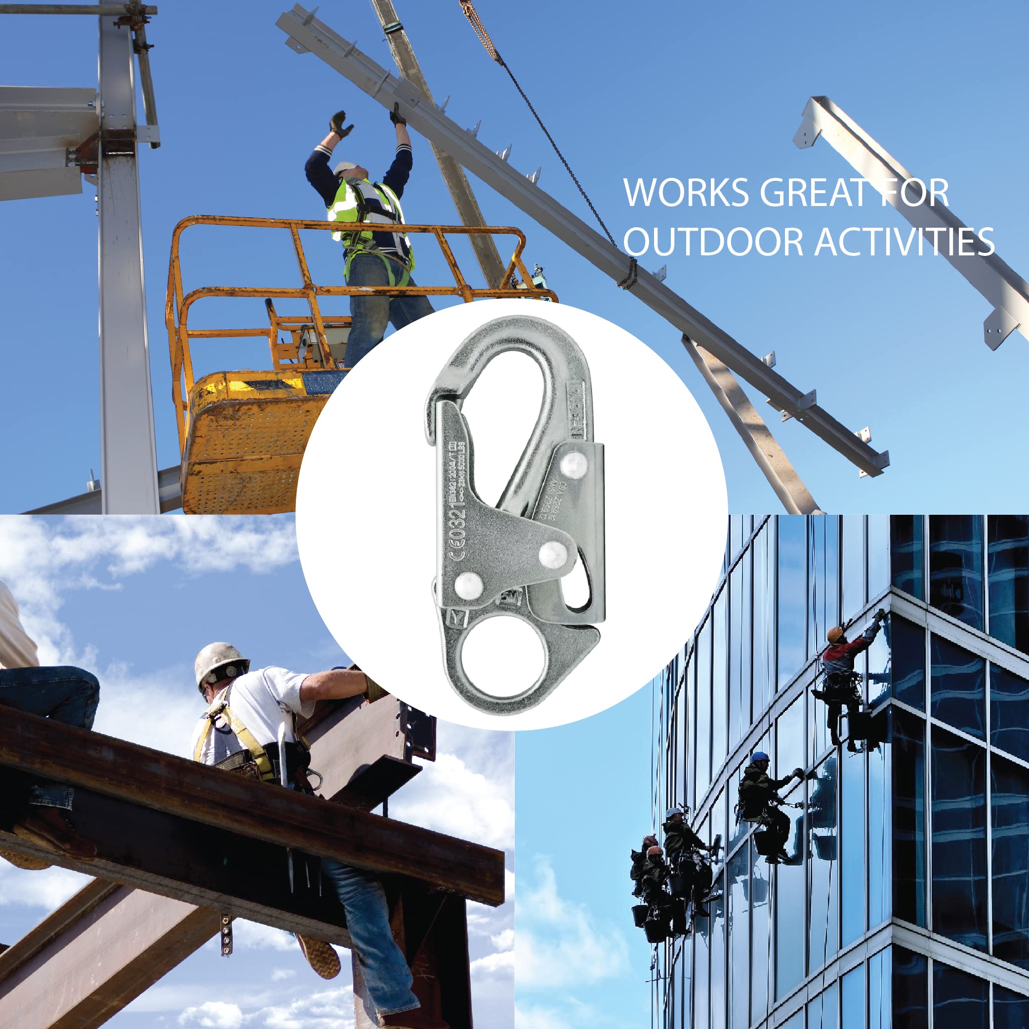 Fusion Climb Maxi-2 snap hook detail for heavy-duty carbon steel construction.