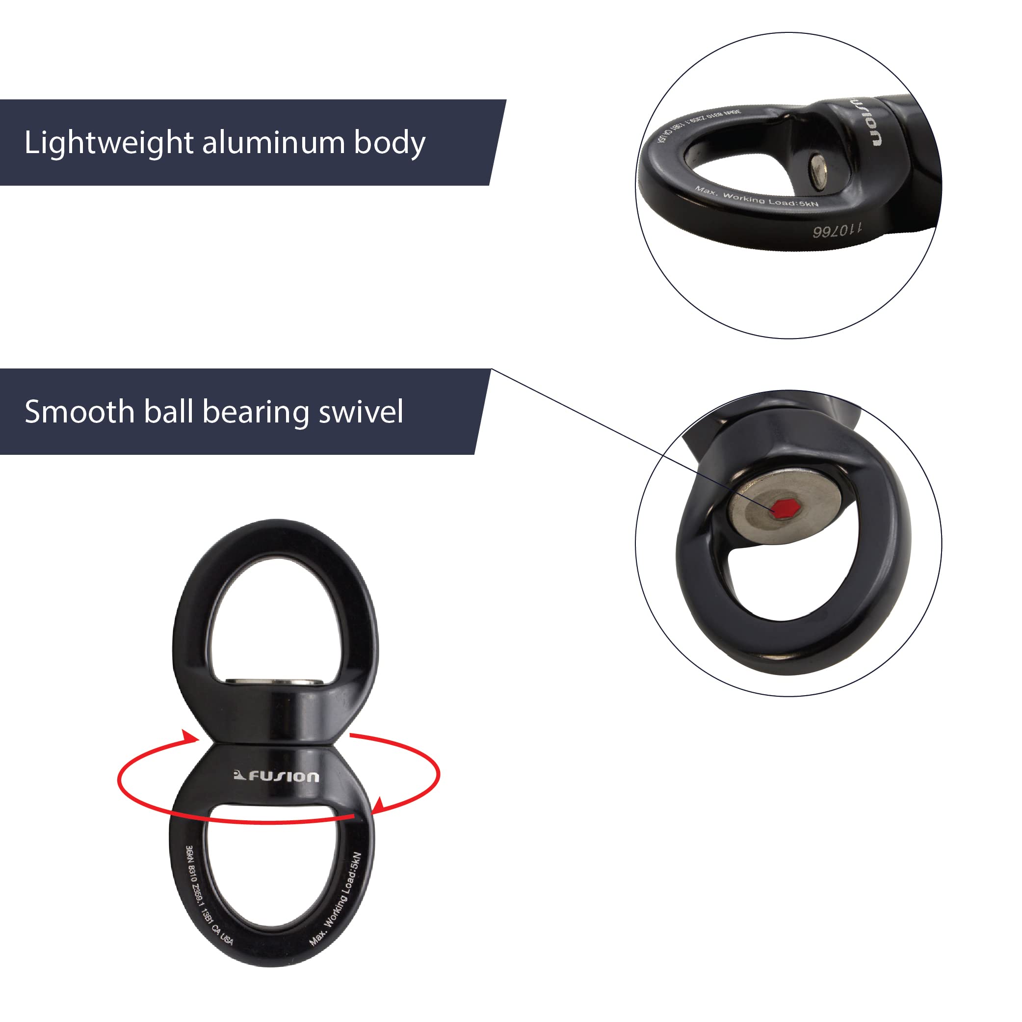 Fusion Climb oval swivel aluminum body designed for high strength and secure rigging.