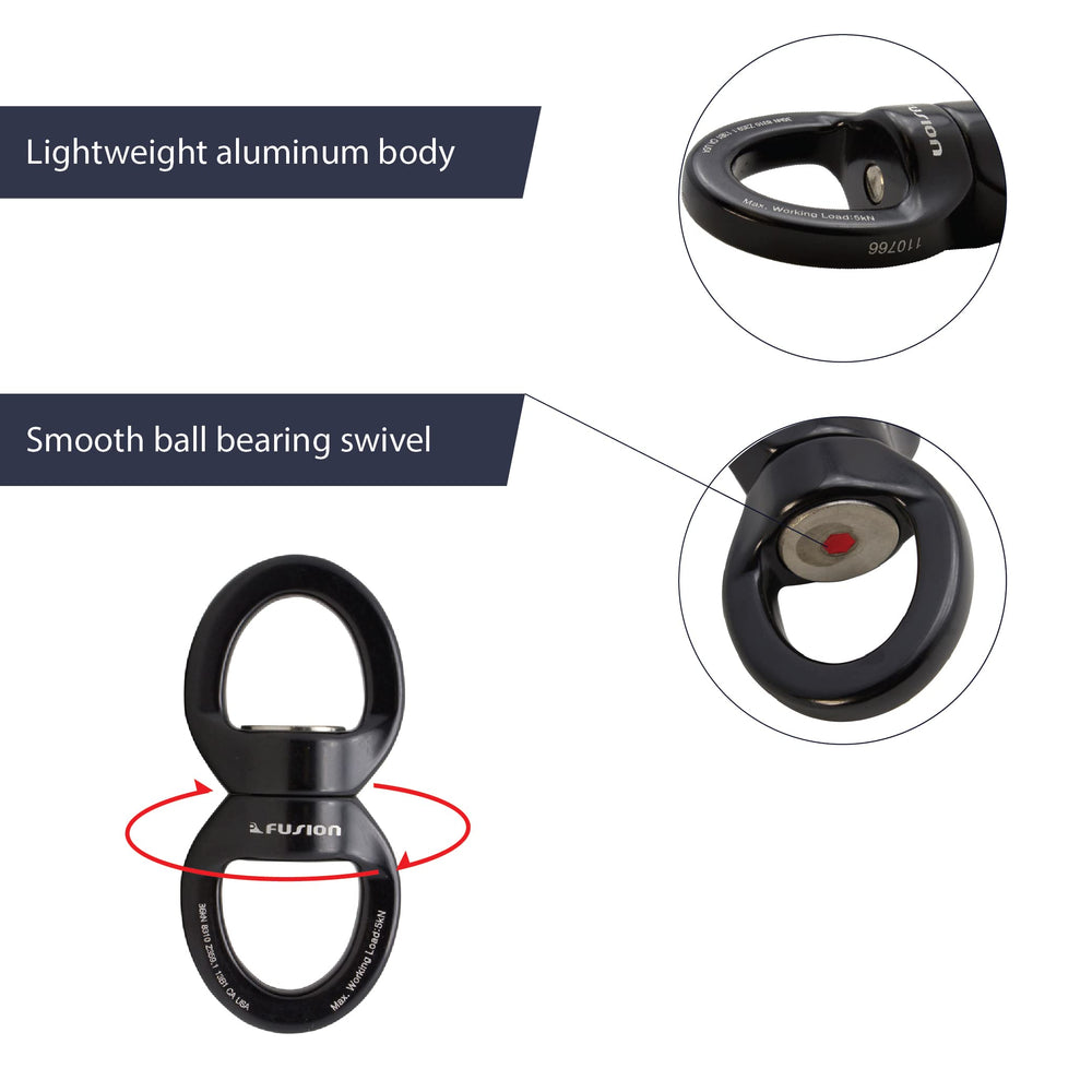 Fusion Climb oval swivel aluminum body designed for high strength and secure rigging.