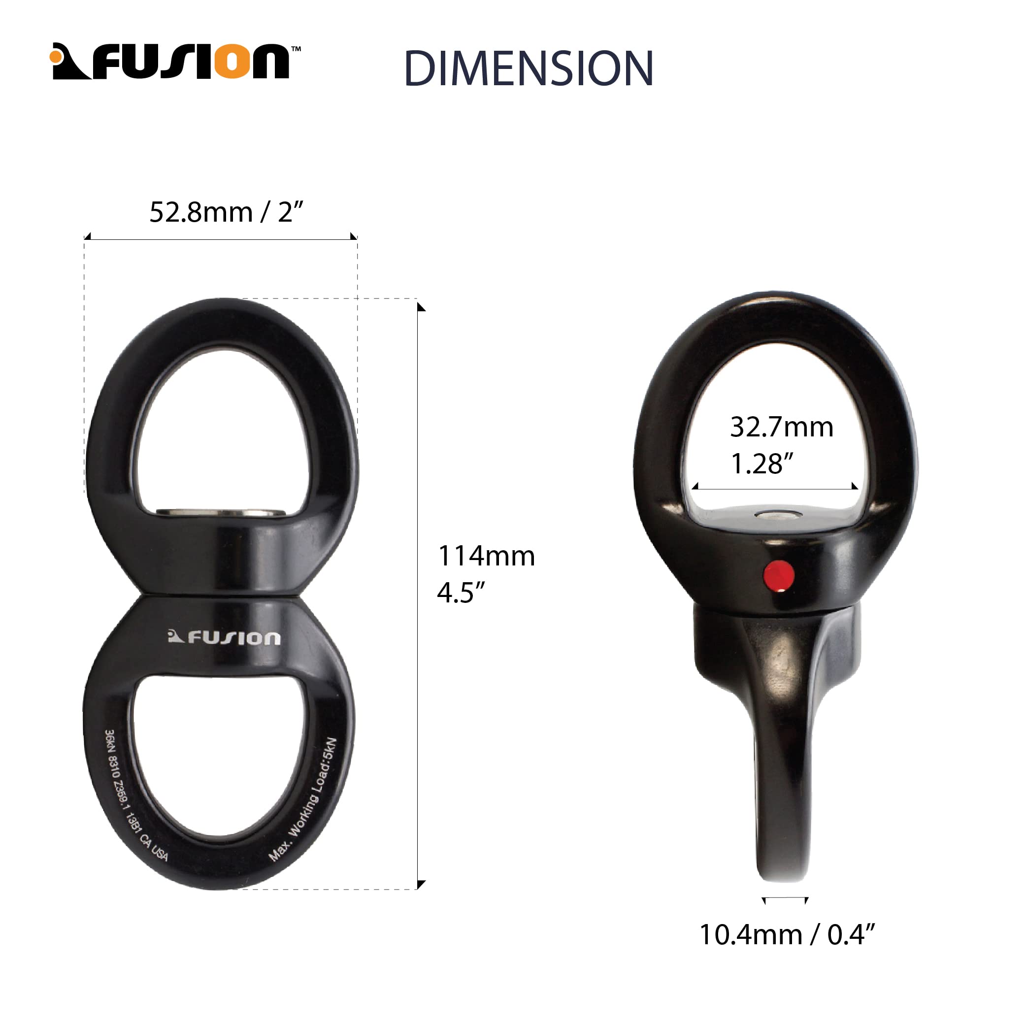 Fusion Climb aluminum oval swivel with SUS304 safety hooks and screw gate.